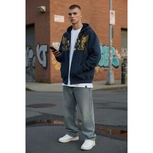 Vintage Avirex Unisex Bomber sweat Jacket Blue no zipper Mid-Length Y2K Style